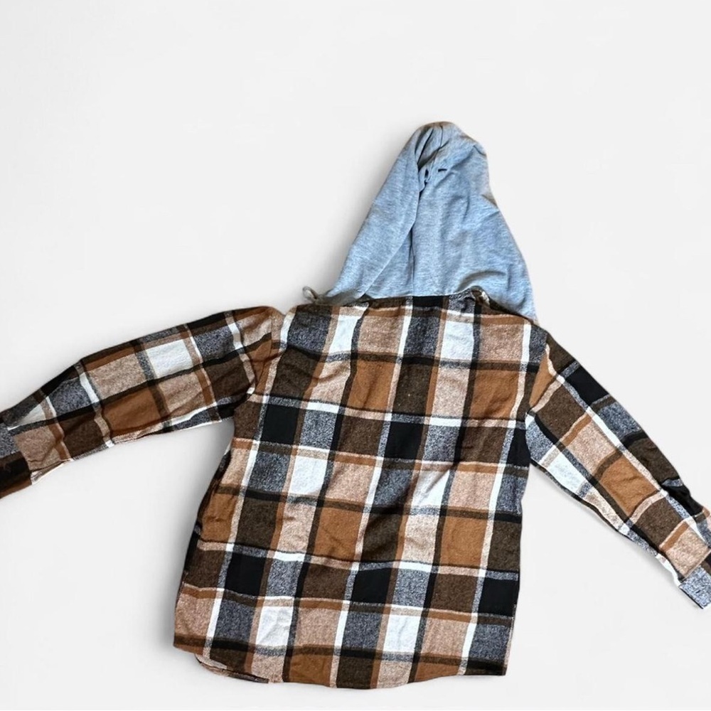 Women’s Black and Brown Plaid Flannel Hoodie shacket size Large - Picture 4 of 6